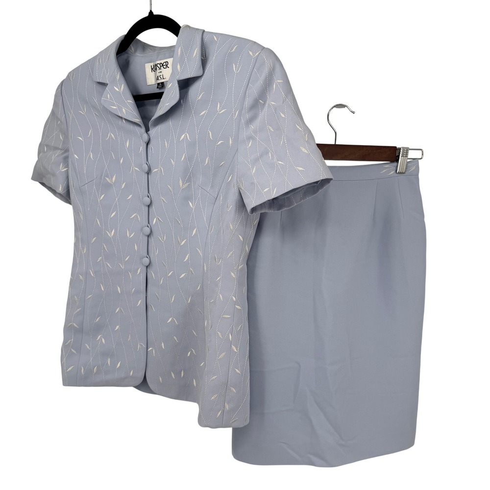 Kasper Women 6 Skirt Suit Blue Embroidered Short Sleeve Blazer‎ Pencil Skirt Set